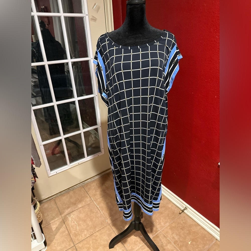 Michael Michael Kors Dress 2X Navy Chain Grid Print Shift Midi NWT - Picture 2 of 11